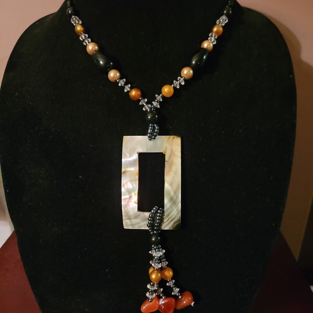 Glass Bead Necklace Black Orange Mother of Pearl Open Rectangle Pendant 22 in. +